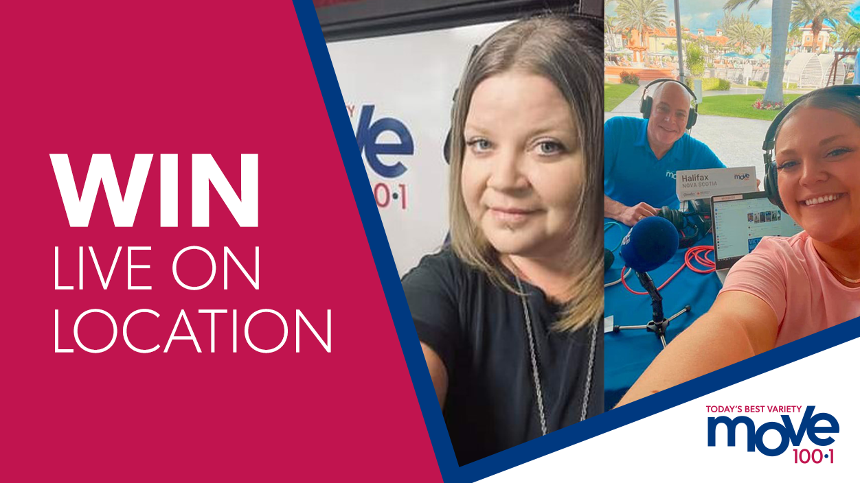 Win Live on Location. Image of K8 Milton, Peter Harrison, and Erin Hopkins. Move 100.1 Halifax logo